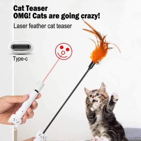 Jouet pour chat : Pointeur laser interactif avec plume et clochette, stylo laser infrarouge rechargeable USB-C, idéal pour divertir les chatons et chats. (1/2)