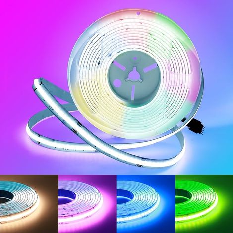Bande LED COB RGBW 24V 5M, Ruban LED COB RGBW RGB blanc chaud dimmable COB haute densité 784LEDs/M 12mm largeur multicolore IP20 pour chambre cuisine décoration intérieure de la maison (1/5)