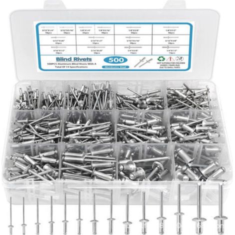 Assortiment de 500 rivets pop, 14 tailles de rivets aveugles en aluminium (3/32", 1/8", 5/32", 3/16", 1/4"), ensemble de rivets aveugles pour métal avec séparateur renforcé et étui étiqueté (1/5)