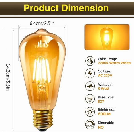 Set mit 2 Vintage Edison E27 LED-Lampen, 6 W, bernsteinfarbenes Glas, warmweiß 2200 K, entspricht 60 W Glühlampe, 600 lm, 220 V Wechselstrom, nicht dimmbar, ST64 Glühfaden, Retro-Design, dekorativ für (1/4)