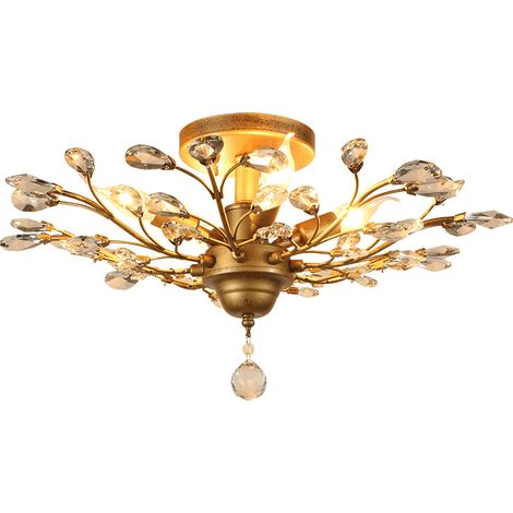 Petit lustre cristal – Doré – 5 ampoules – 78x30 cm – Lumière tricolore – Salon/couloir/chambre