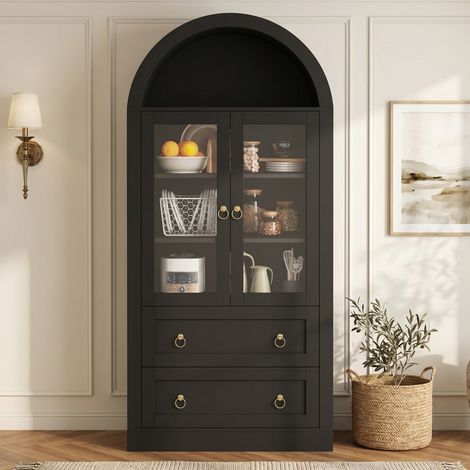 Buffet armoire haute arquée 80 x 36 x 170 cm buffet cuisine salon avec portes vitrées tiroirs 2 étagères réglables MDF noir