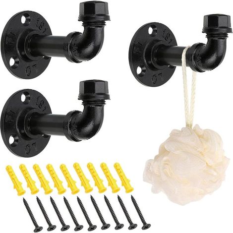 Lot de 3 porte manteaux industriels rustiques robustes avec matériel pour la maison, le bureau, finition noire galvanisée (1/5)