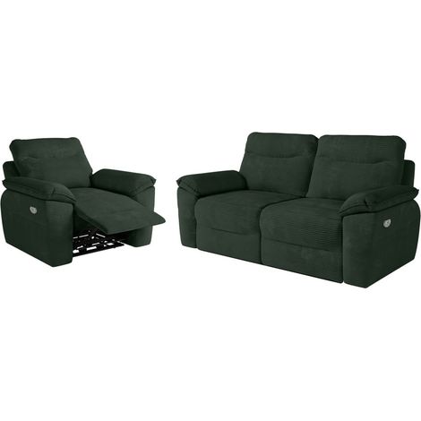 PACK - Canapé de relaxation ROSS électrique 3 places et fauteuil en velours côtelé - Vert foncé (1/5)
