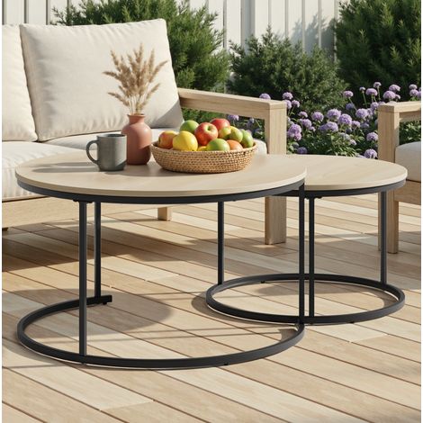 Table basse gigogne ronde 80x80x45 cm naturel, 2 pièces, plateau effet bois MEUBLIV (1/5)