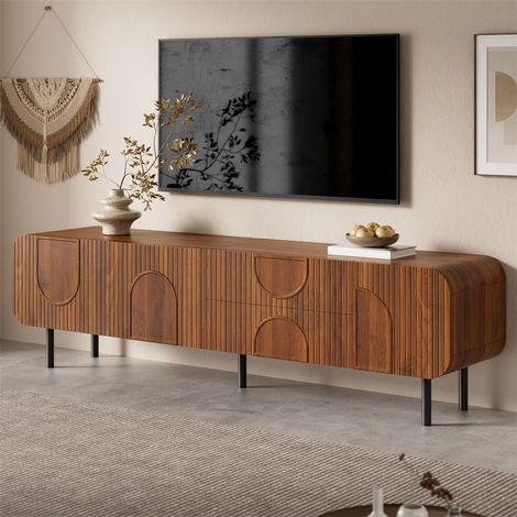 Meuble TV Lowboard 180cm - 180x40x47.5cm - Noyer Style Mid-Century avec 3 Portes 2 Tiroirs et Pieds en Métal - Marron (1/5)