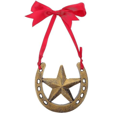 Fer à cheval en fonte orné d'étoiles, fer à cheval vintage en métal, décoration murale en fonte avec nœud rouge, symbole de chance, porte-bonheur à suspendre de 4,3 x 4 pouces. (1/5)