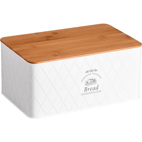 Boîte à pain en fer et bambou - Blanc/Marron - L 28 x l 18 cm - Livraison gratuite