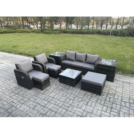 Fimous Rattan Gartenmöbel Set im Balkon 8-Sitzer Garten Sofa Set mit Quadratischer Couchtisch 2 Beistelltischen 3 Hockern (1/5)