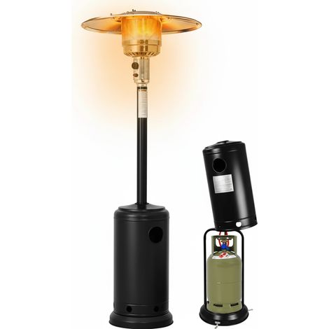 Fungo Riscaldante a Gas 14000 W Max 13kW Stufa Per Esterno Terrazzo Giardino Piscina Bar Locali Accensione Piezoelettrica 2 Modalità Potenza Con Ruote e Vano Bombola Da 15Kg 81 x 46 x 221 Cm Nero