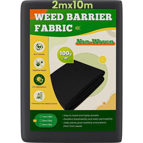 Dripex Toile de Paillage 2m x 10m, Géotextile Non Tissé 100 g/m², Anti-Mauvaises Herbes Tissu, Perméable à l'eau, Résiste Rayons UV, Résistant, Noir