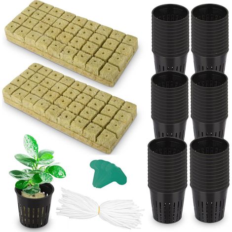 Kit de 175 gobelets en filet pour culture hydroponique, 72 pièces de laine de roche, 72 gobelets en filet, 30 étiquettes et 10 m de corde en coton (1/5)