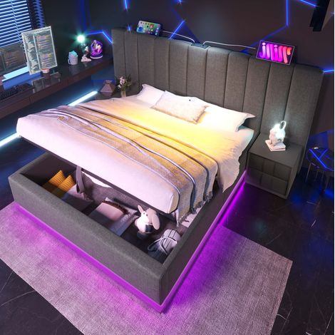 Lit coffre 160×200 avec commande par application, LED et charge USB-C, lin gris, sans matelas ni table de chevet (1/5)