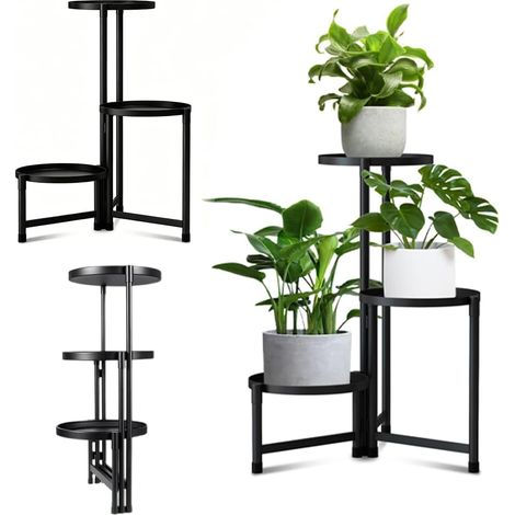 Support de plantes en métal à 3 niveaux - Étagère à fleurs stable pour l'intérieur et l'extérieur - Escalier de fleurs d'angle avec plateau - Étagère en fer peu encombrante - Étagère décorative (1/5)