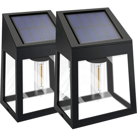 Lampes solaires, lampes solaires de clôture murale extérieure avec ampoule à filament Edison, éclairage alimenté sans fil IP44 étanche pour jardin, porche, terrasse, garage, blanc chaud 2 pièces