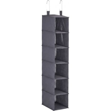 Relaxdays Hanging Wardrobe Storage, Narrow, for Shoes & Clothes, 6 Compartments, Fabric, HWD: 99x15x30 cm, 2 Hooks, Grey (1/5)