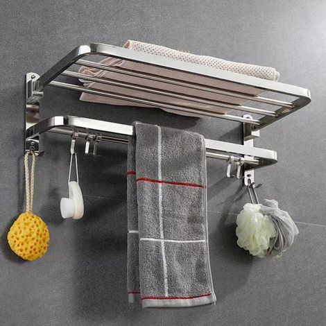 Porte-serviettes sur pied - Sans perçage - Acier inoxydable SUS304 - 2 niveaux - Argenté (1/5)