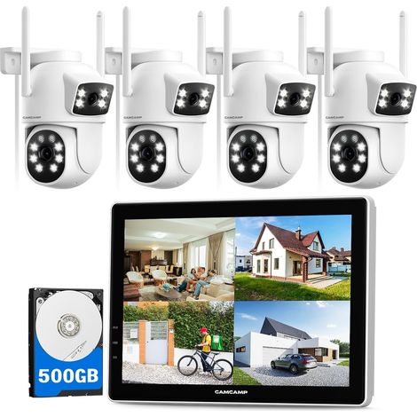 4MP PTZ Kit Caméra Surveillance WiFi Extérieure avec 10" Moniteur, 2.4G/5G WiFi 10CH NVR, 500GB HDD, Double Objectif Caméras, Vision Nocturne Couleur, Humaine Suivi Automatique, 2-voies Audio (1/5)