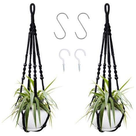 85cm Black Cotton Rope Indoor Plant Hanger with Wooden Beads for Home Decor, No Hooks, 2 Pairs (1/5)