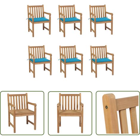 The Living Store Chaises de jardin lot de 6 et coussins bleu Bois de teck massif - Chaise De Jardin - Mobilier De Jardin - Set De Chaises - Terrasse - Jardin (1/5)