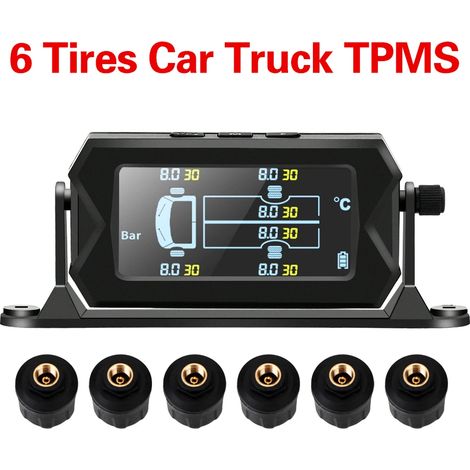 Système de surveillance de la pression des pneus sans fil avec capteurs solaires pour véhicules, 6 capteurs externes, écran LCD numérique et alarme. Compatible avec voitures, camping-cars et camions. (1/5)