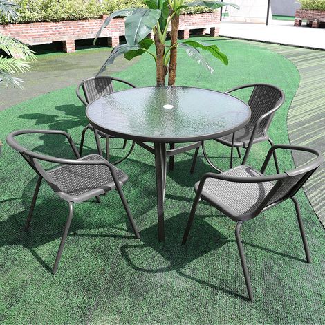 Set of 5 Garden 105CM Ripple Glass Round Umbrella Table and Stackable Chairs Set, Black (1/5)