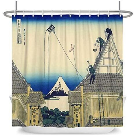 180x180cm Japonais Peinture à l'Huile Rideau de Douche Kanagawa Cerf-Volant en Volant Ukiyo-e Cottage Mont Fuji Japon Art pour Salle de Bains Polyester avec Crochets (1/4)