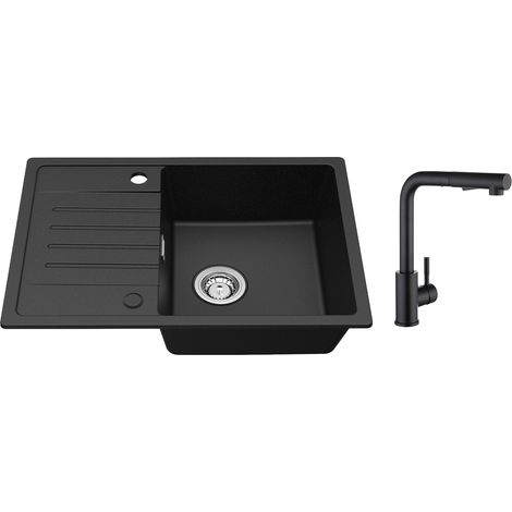 Cecipa Evier de cuisine avec égouttoir Noir 65 x 45 cm Evier à encastrer Deux directions d'installation + Noir Mitigeur de Cuisine avec Douchette Extractible 2 Modes de pulvérisat (1/5)