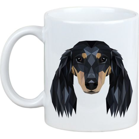 Perro salchicha de pelo largo: taza con una foto y la inscripción "perro geométrico Art-Dog" (1/5)
