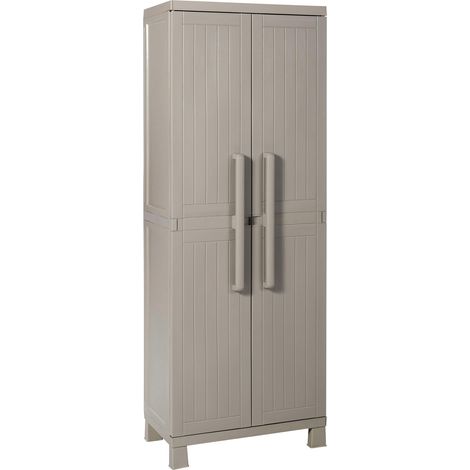Toomax Armadio Portascope Wood Midi 65x37x173h cm in plastica resistente effetto legno grigio tortora, con 4 ripiani regolabili, piedini e predisposizione per lucchetto, ideale per ripostigli e garage