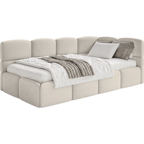 Selsey Cloudy – Einzelbett 120x200, Kopfteil rechts, Matratze & Bettkasten, Samt Hellbeige