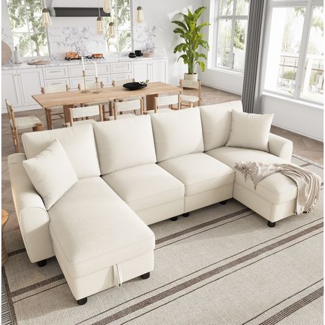 Divano a U 280x137x84 cm beige in chenille con contenitore e 2 cuscini (1/5)