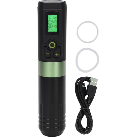 Stylo Tatouage Rotatif Sans Fil avec Affichage LED, 2000mAh, Fonction Minuterie, Rechargeable, Cartouche, Machine à Tatouer Noir et Vert (1/5)