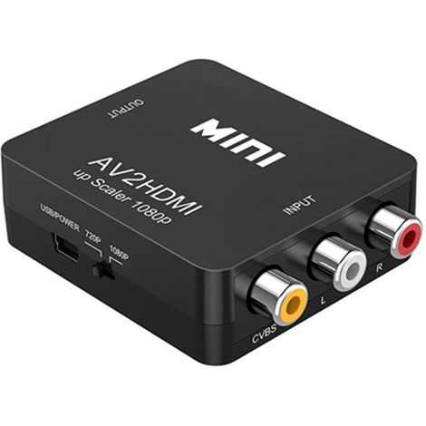 Convertisseur RCA vers HDMI, adaptateur AV vers HDMI 1080p Mini RCA Composite CVBS, convertisseur vidéo et audio compatible PAL/NTSC pour TV/PC/PS3/STB/Xbox, magnétoscope/lecteur DVD Blu-ray VHS/VHS