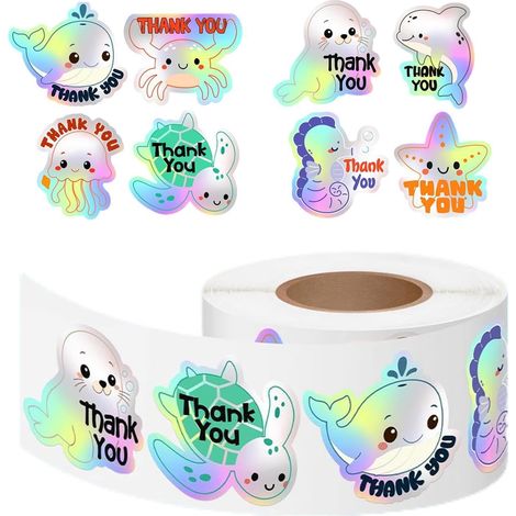 Stickers animaux marins Rouleau d'Étiquettes Merci pour Décorations 500 Pièces d'Étiquettes de Créatures Océaniques Pour Bouteille d'Eau, Téléphone, Ordinateur Portable, Skateboard (1/5)