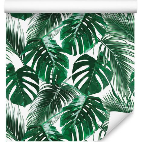 Papel pintado con hojas de palmera y monstera para salón y dormitorio, 50x1000 cm. (1/5)