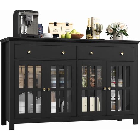 Sideboard 140×40×91 cm Küchenschrank Buffetschrank Glasvitrine 4 Glastüren 2 Schubladen verstellbare Regale Küchenmöbel Wohnzimmer Schwarz