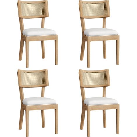Chaise salle à manger bois massif et rotin - Moderne et respirant - Lot de 4 chaises avec assise velours confortable (1/5)