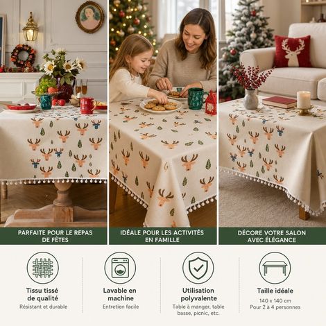 Nappe de Noel Jacquard Tete de Cerf Fond Ecru Boules Blanches 140 x 140 cm Epaisse (1/4)