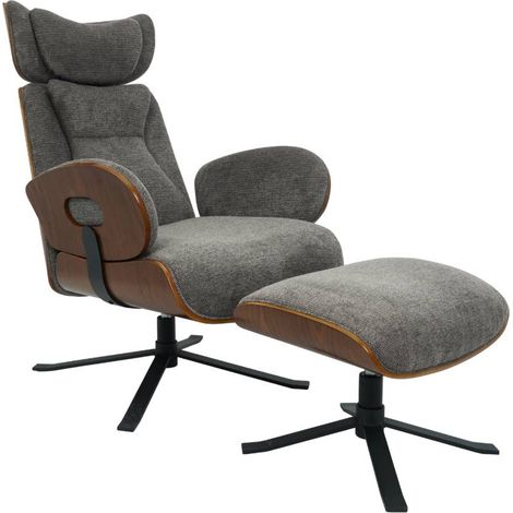 Fauteuil avec repose-pieds en tissu gris anthracite et bois foncé Elowen (1/5)
