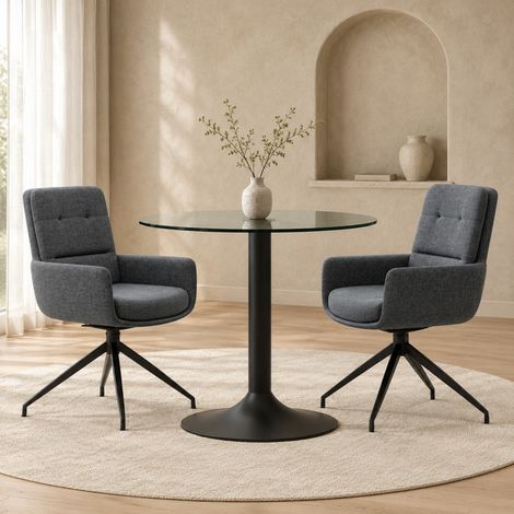 Set tavolo e sedie rotonde in vetro temperato, 2 sedie girevoli, nero OKMYHOME (1/5)