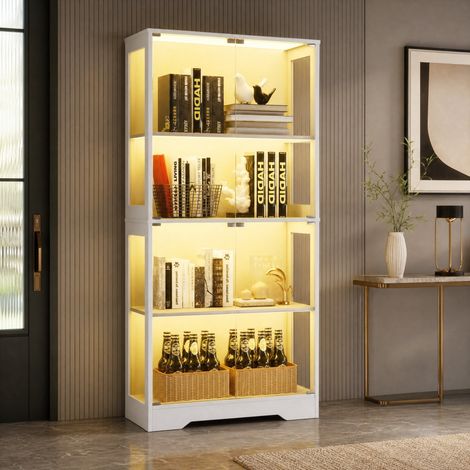 Vetrina in vetro bianca 80 x 35 x 165 cm con LED, ante in vetro e sensori, REDOM (1/5)
