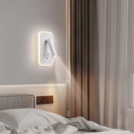 Lumière Blanche)LED Moderne Lampe Murale avec Double Interrupteur USB Port Applique Murale Intérieur Aluminium 330° Rotation Éclairages Murales Chevet Lecture Spot pour Chambre à Coucher (1/5)