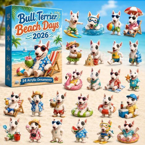 Calendario dell'Avvento 2026 con bulldog in vacanza e scatola a sorpresa 2D.