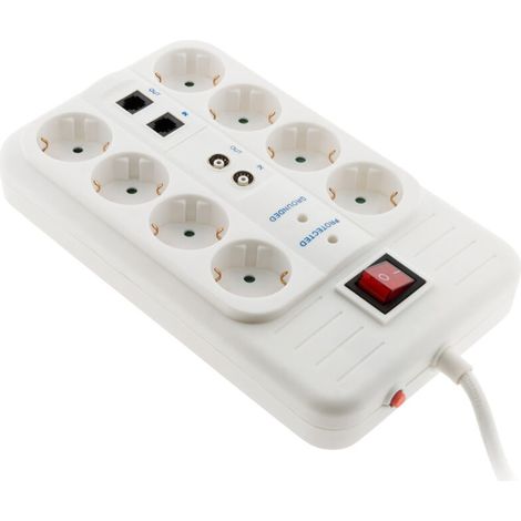 – Multiprise 8 prises Schuko avec ports FILTRE, TV, ADSL, FAX – Protection surtension – Câble 1,5m – Puissance 3500W (1/4)
