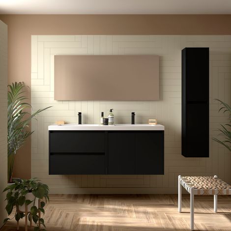 Badezimmermöbel NOJA 1400 2 Türen und 2 Schubladen BLACK SATIN + Waschtisch + Spiegel