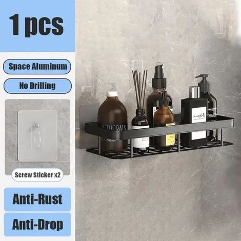 (noir, 1 pièce) Étagère de salle de bain sans perçage, fixation murale, porte-bouteilles de shampoing, étagère d'angle pour douche, étagère de rangement pour toilettes, accessoires de salle de bain et (1/5)