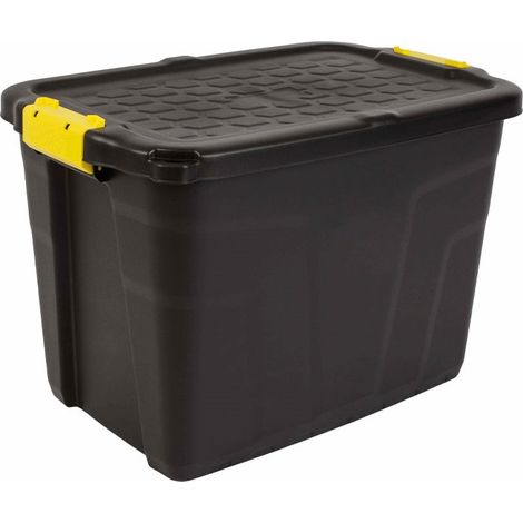 60L Heavy Duty Storage Tub Sturdy, Lockable, Stackable and Nestable Design Storage Chest with Clips in Black (1/5)