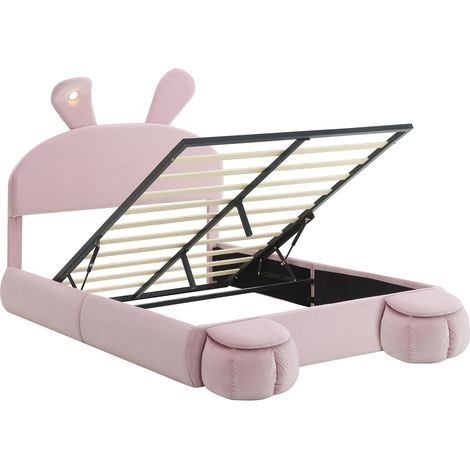 Letto matrimoniale contenitore idraulico 140x200 cm in velluto rosa con LED e 2 pouf MODENUIT (1/5)