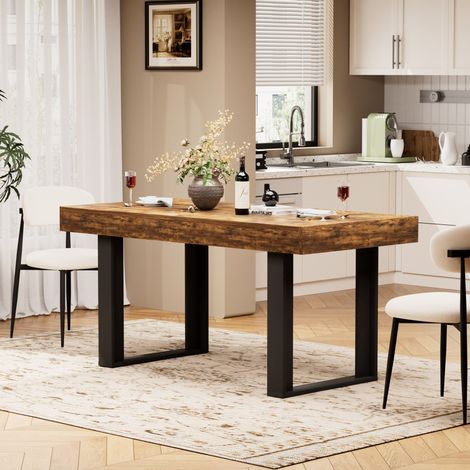 Mesa de comedor extensible de 120-160 cm, estilo retro, para 8 personas, tablero de partículas, marrón y negro (1/5)